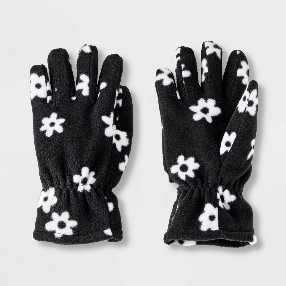 Cat and Jack Girls Fleece Gloves Black White Floral Size 8-16 NWT Polyester